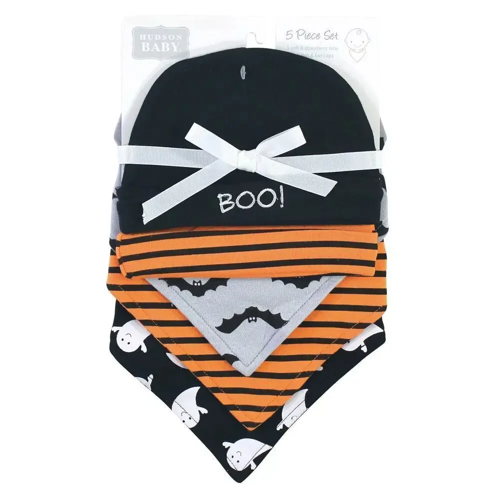 Hudson Baby Unisex Baby Cotton Bib and Headband or Caps Set Ghost One Size New